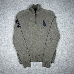 Polo Ralph Lauren 1/4 Zip Sweater Men's Size Medium Grey 100% Wool Big‎ Pony #3